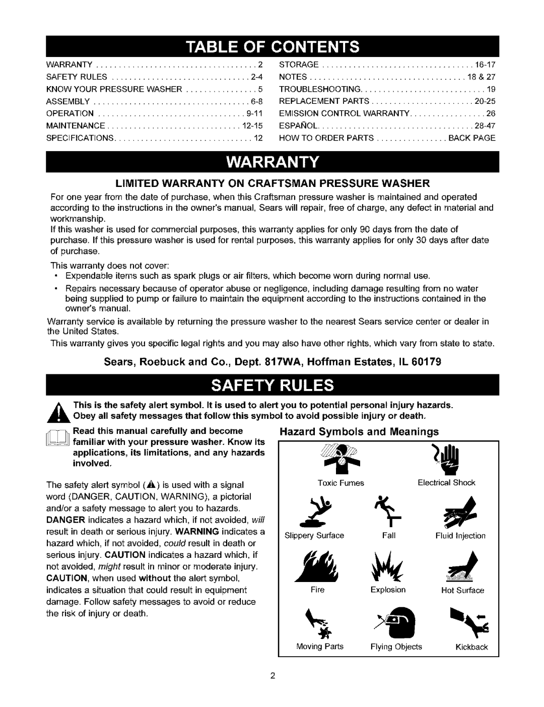 Craftsman 580.753 manual Sears, Roebuck and Co., Dept WA, Hoffman Estates, IL, Hazard Symbols and Meanings 