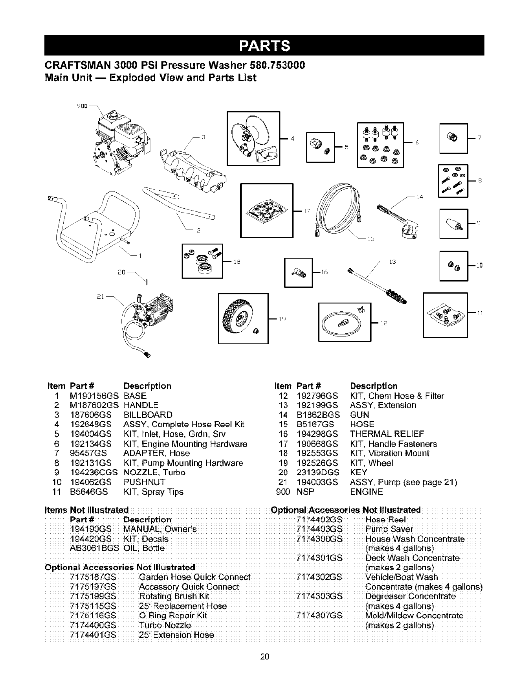 Craftsman 580.753 manual Part# Description 702G$, 74403GS, Deck Wash Opti0na! Accessories Not illustrated, 717518ZGS 