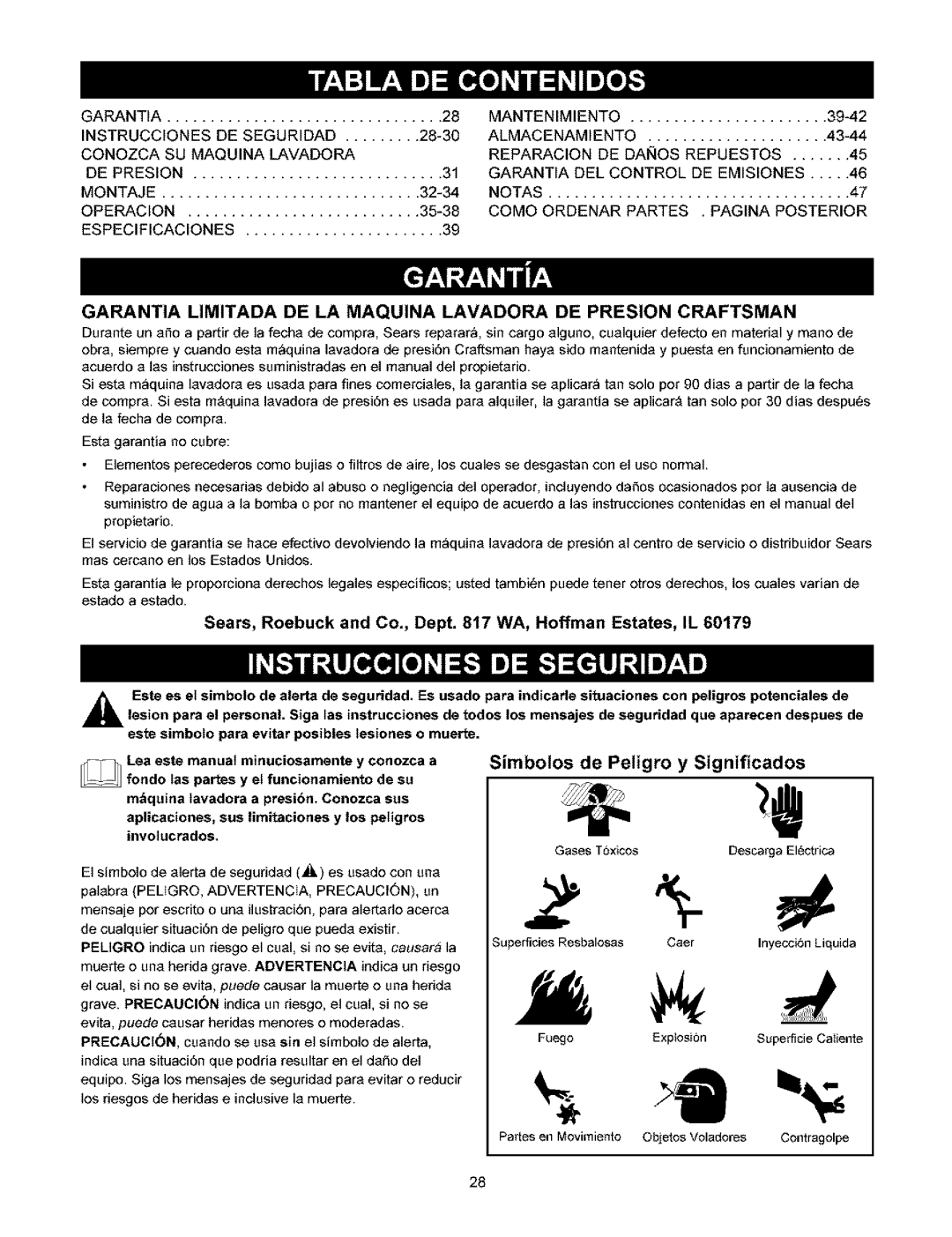 Craftsman 580.753 manual Simbotos de Peligro y Significados, Sears, Roebuck and Co., Dept WA, Hoffman Estates, IL 