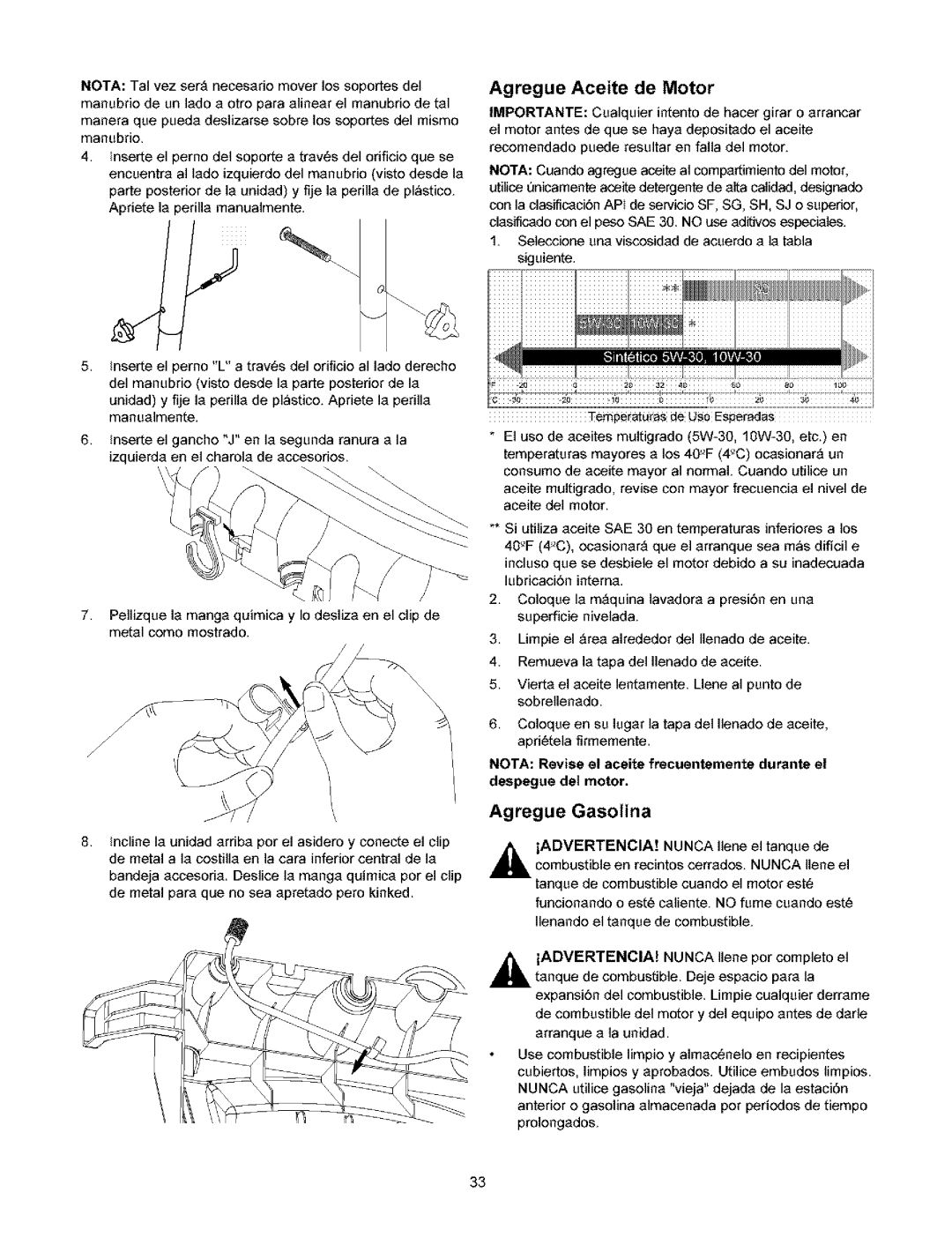 Craftsman 580.753 manual Agregue Aceite de Motor, Agregue Gasotina 