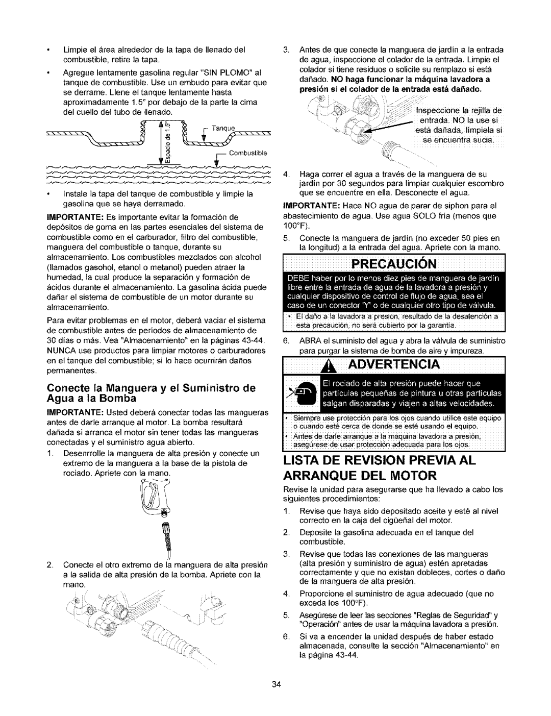 Craftsman 580.753 Lista DE Revision Previa AL Arranque DEL Motor, Conecte la Manguera y et Suministro de Agua a ta Bomba 