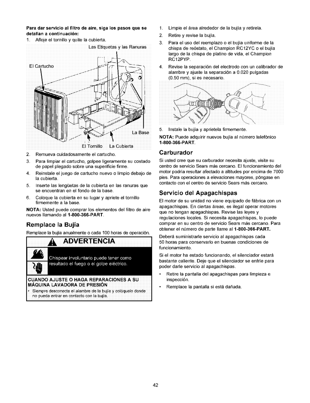 Craftsman 580.753 manual Remptace ta Bujia, Carburador, Servicio del Apagachispas, Part 