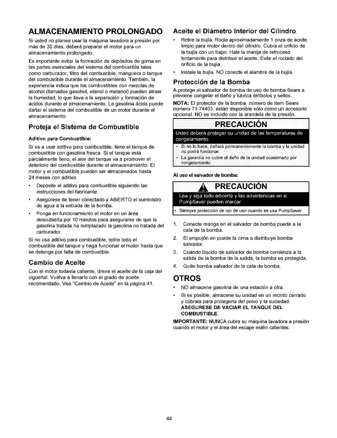 Craftsman 580.753 manual Almacenamiento Prolongado, Otros, Proteja et Sistema de Combustible, Protecci6n de ta Bomba 