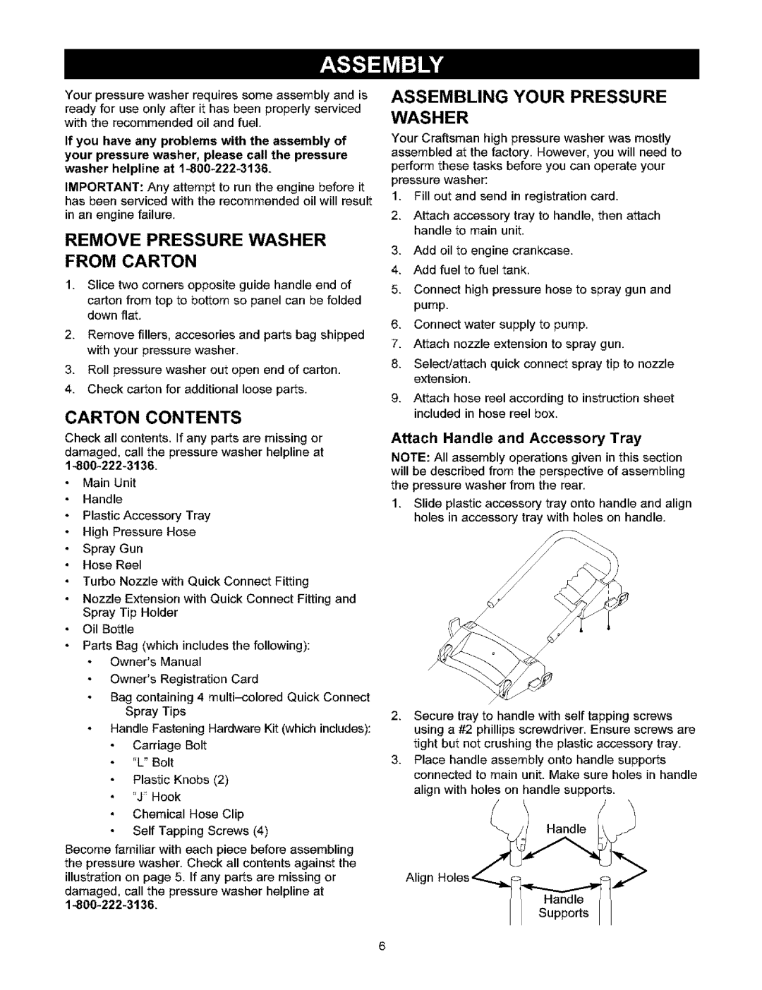 Craftsman 580.753 manual Remove Pressure Washer from Carton, Carton Contents, Assembling Your Pressure Washer 