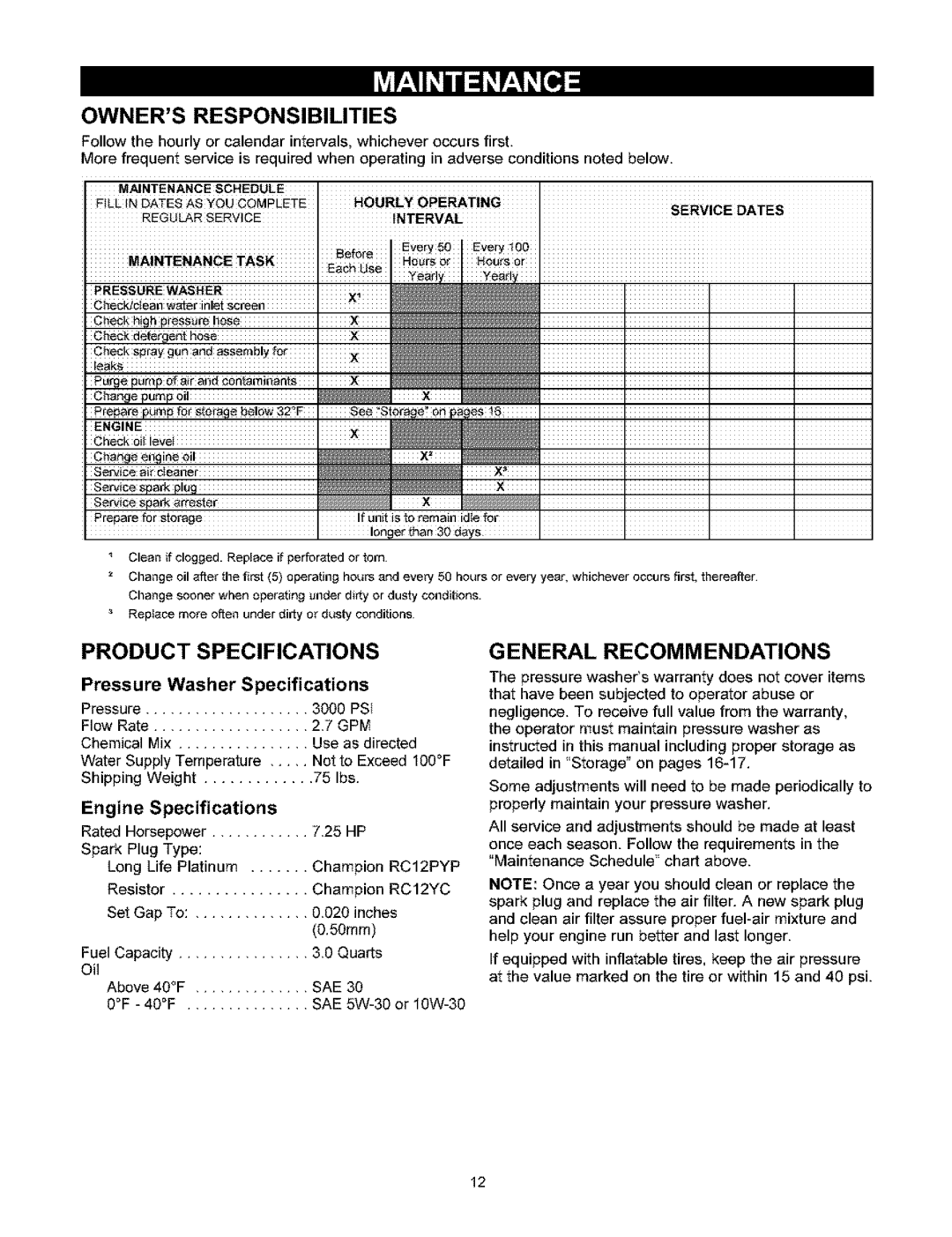 Craftsman 580.753 Owners Responsibilities, Product, General Recommendations, Washer Specifications, Engine, Pressure 