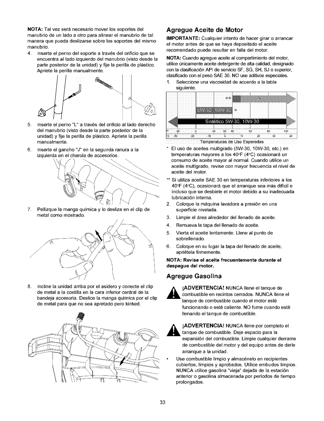 Craftsman 580.753 Agregue Aceite de Motor, Agregue Gasotina, NOTA: Revise el aceite frecuentemente durante el, Advertencia 
