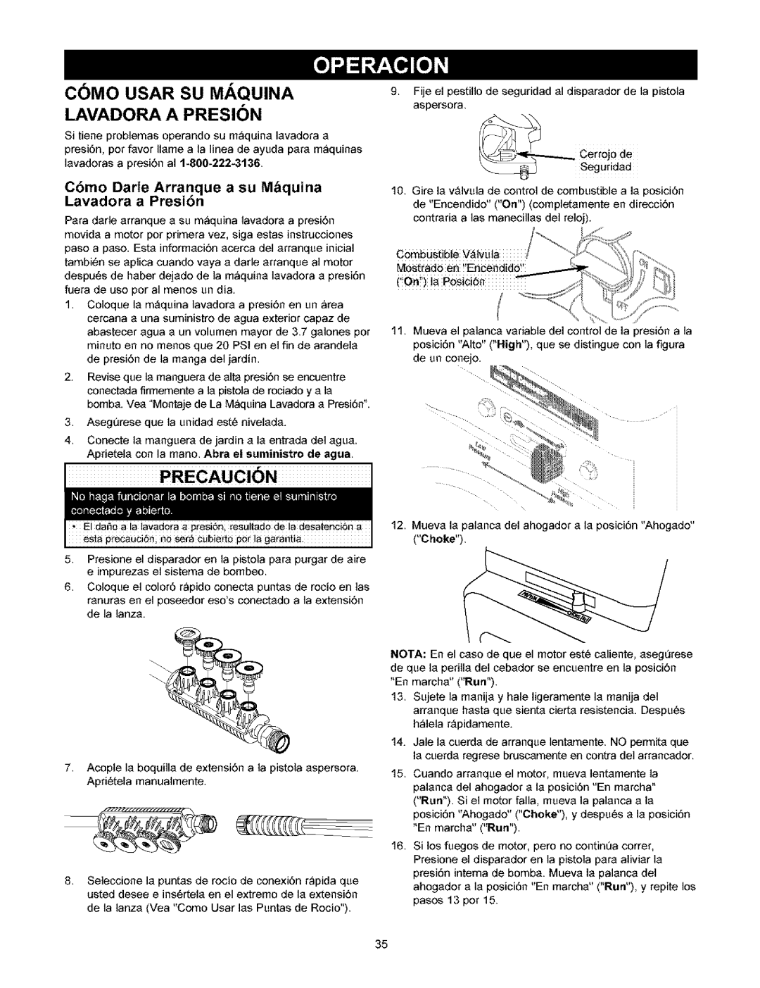 Craftsman 580.753 manual Como Usar Su Maquina Lavadora A Presion, Precaucion, Cbmo Darte Arranque a su M quina 