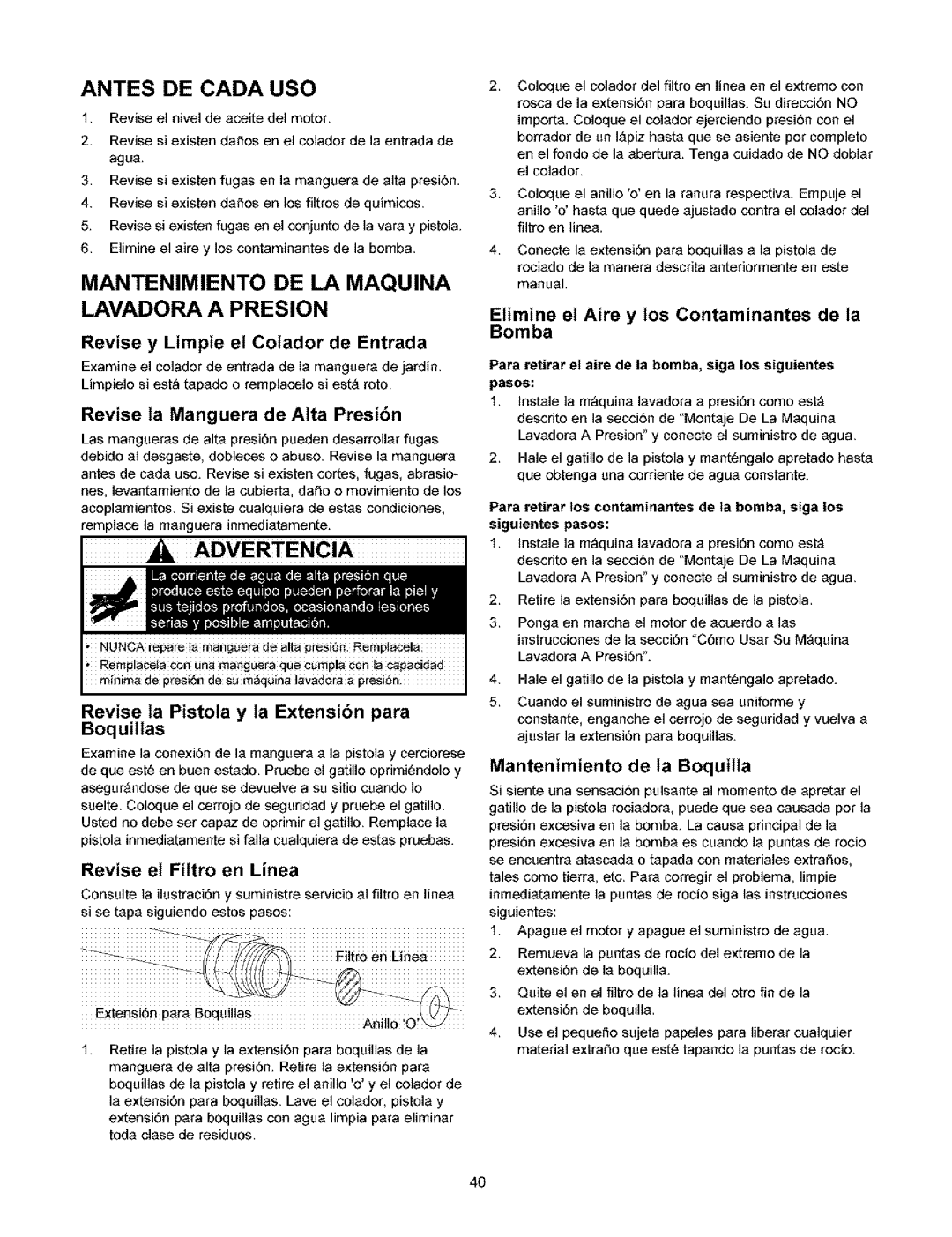 Craftsman 580.753 manual Antes De Cada Uso, Mantenimiento De La Maquina Lavadora A Presion, Advertencia, Bomba 