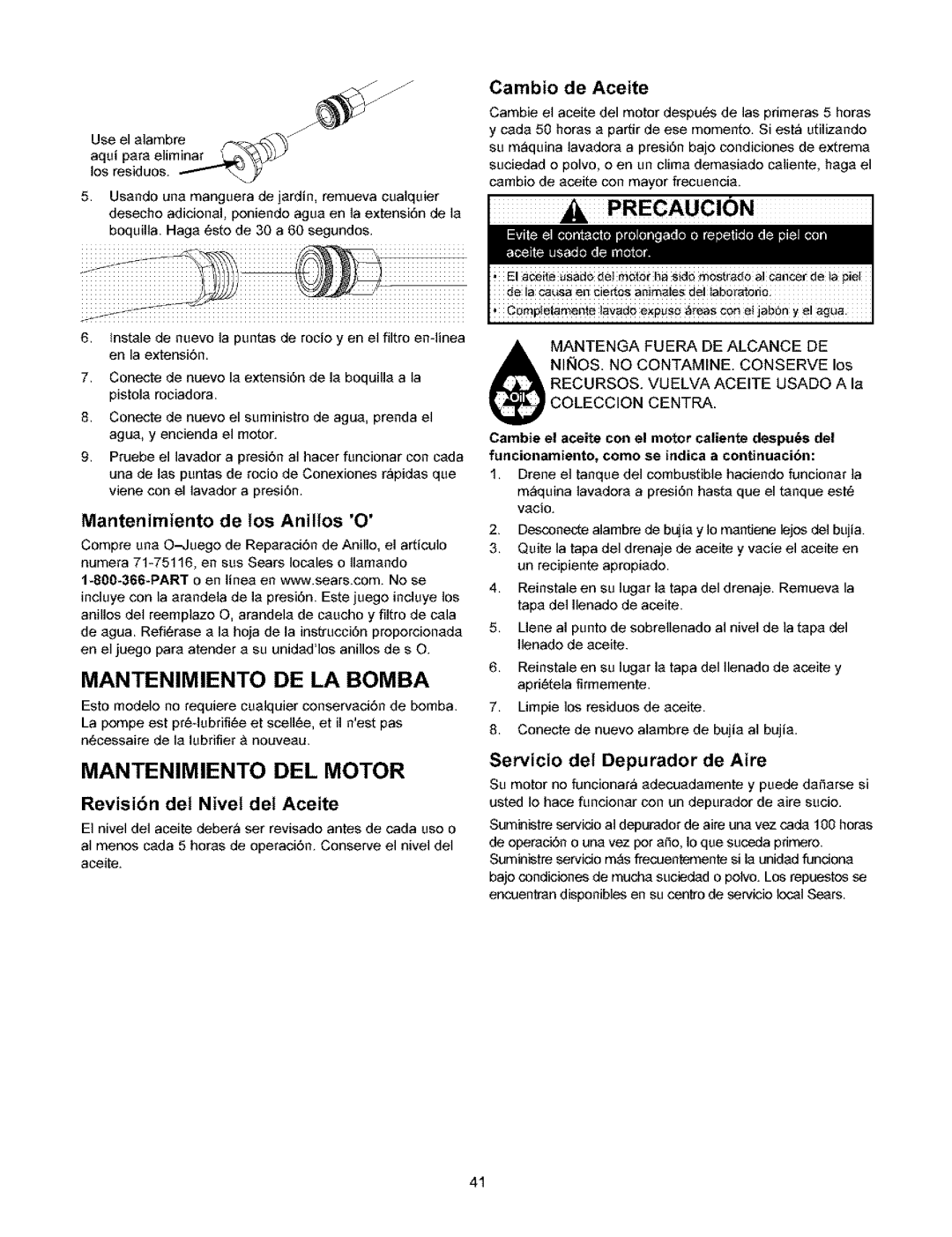 Craftsman 580.753 manual Mantenimiento De La Bomba, Mantenimiento Del Motor, Precaucion, Cambio de Aceite 