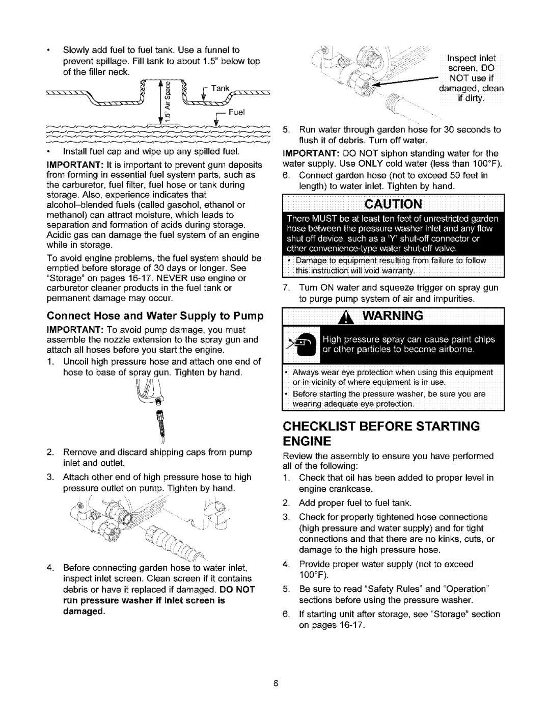 Craftsman 580.753 manual Checklist Before Starting, Engine, Connect Hose and Water Supply to Pump 