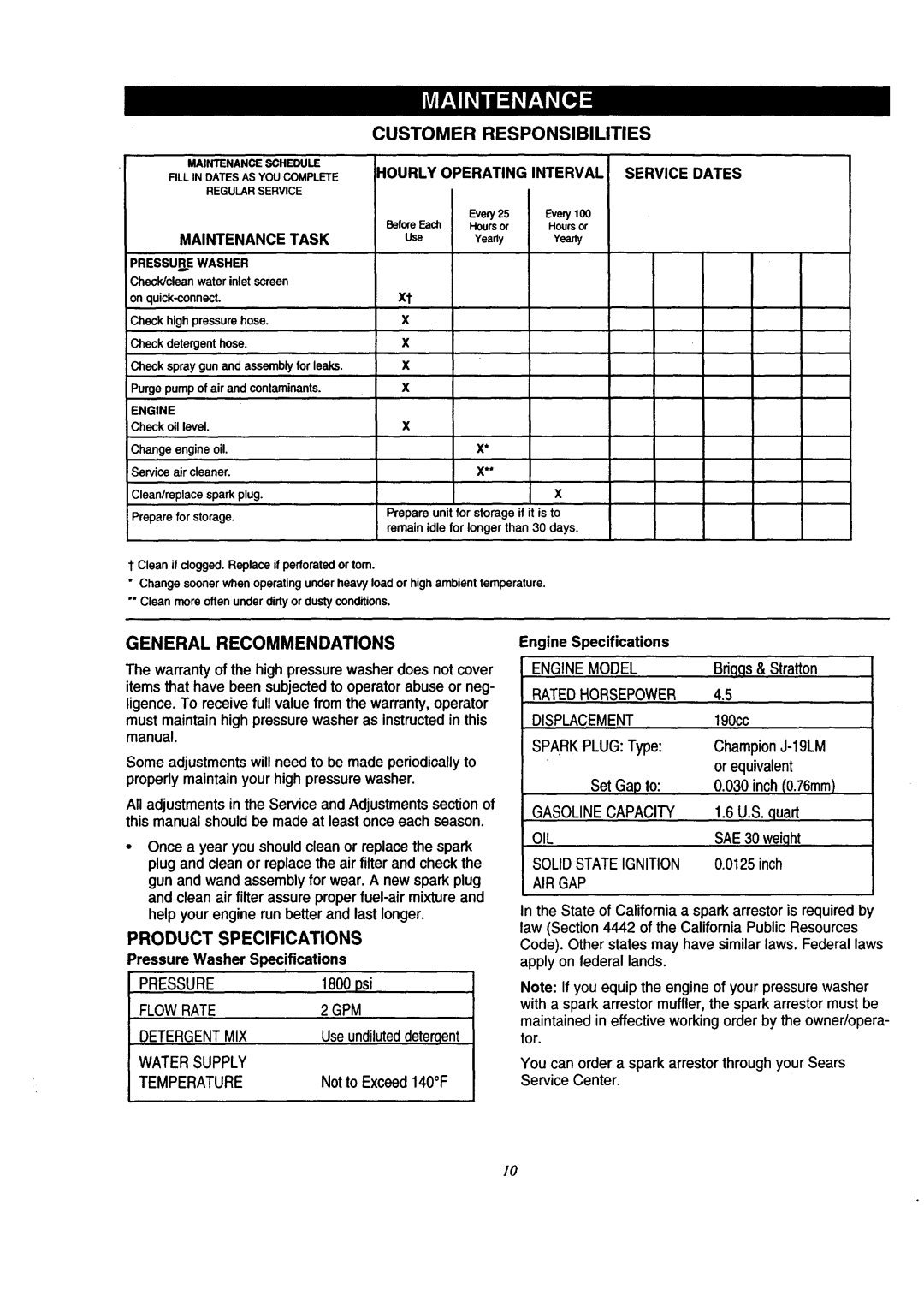 Craftsman 580.7618 owner manual Customer Responsibilities, General Recommendations 