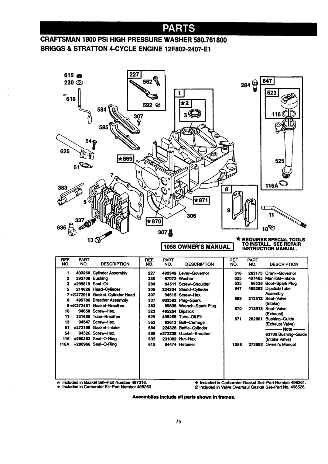 Craftsman 580.7618 owner manual 230 616 592 584 307 116A 3O6 337, Part Description 