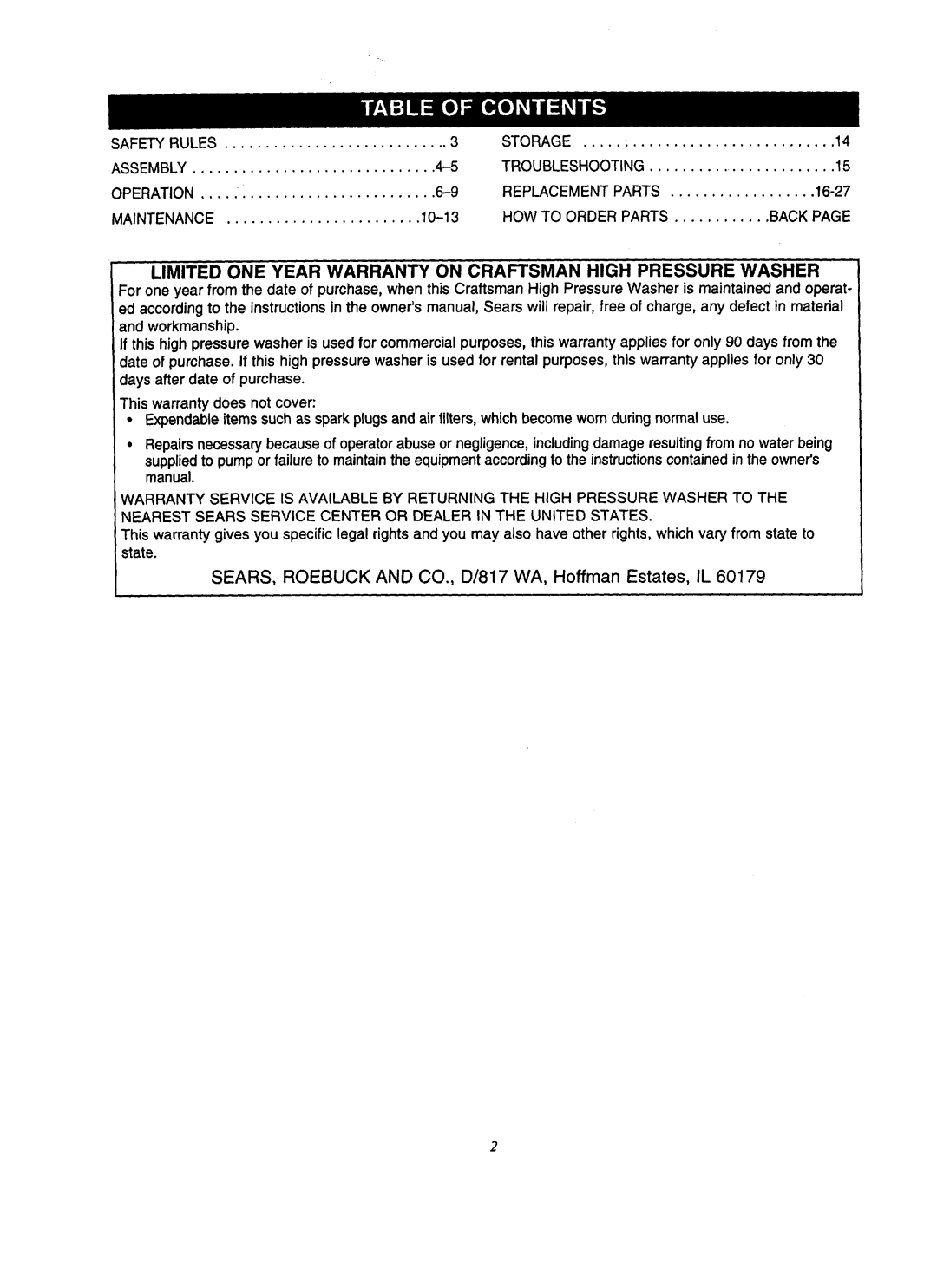 Craftsman 580.7618 owner manual Limited ONE Year Warranty on Craftsman High Pressure Washer 