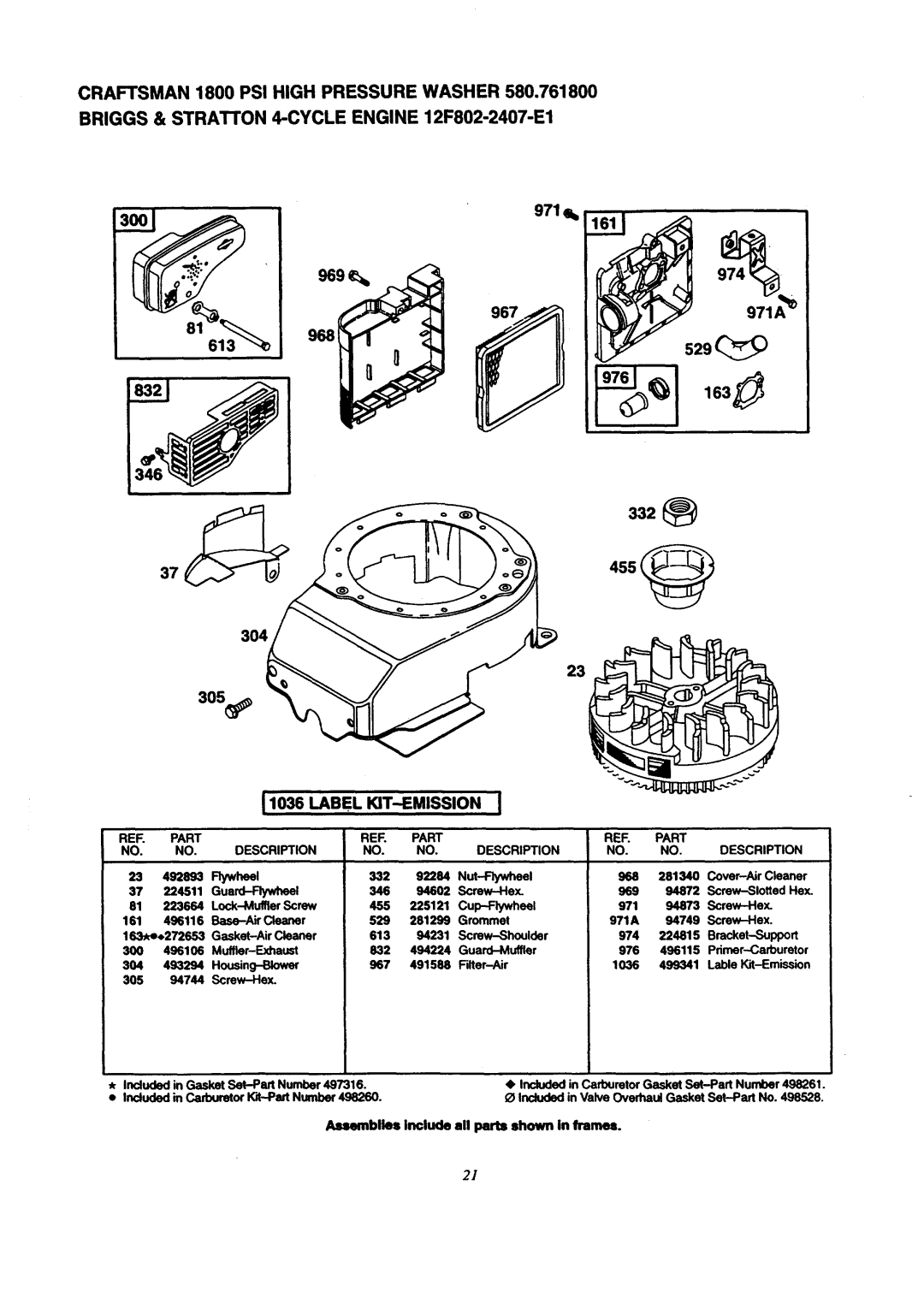 Craftsman 580.7618 owner manual 971 967, Label KIT-EMISSION, 971A, 455, REF. Part NO. NO. Description 