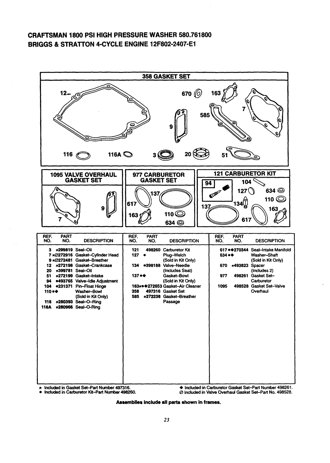 Craftsman 580.7618 owner manual 670 116A, Valve Overhaul Carburetor Carburetor KIT Gasket SET, 127 634 110 617 