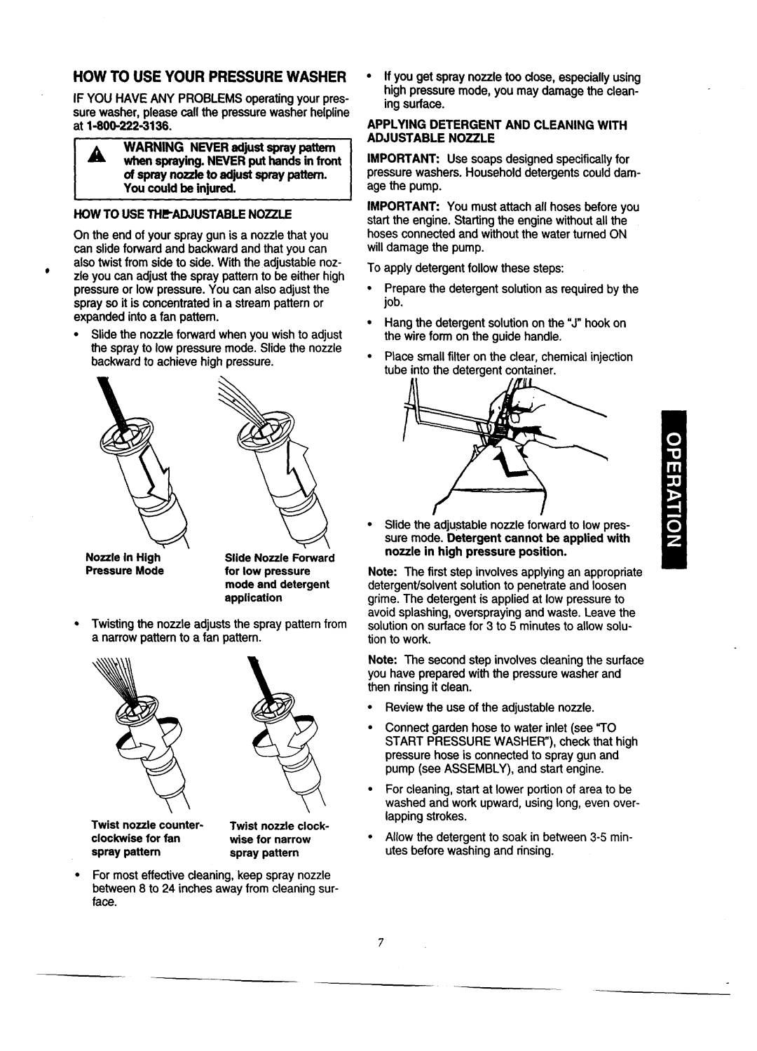 Craftsman 580.7618 owner manual HOW to USE THE-ADJUSTABLE Nozzle, Applying Detergent and Cleaning with Adjustable Nozzle 