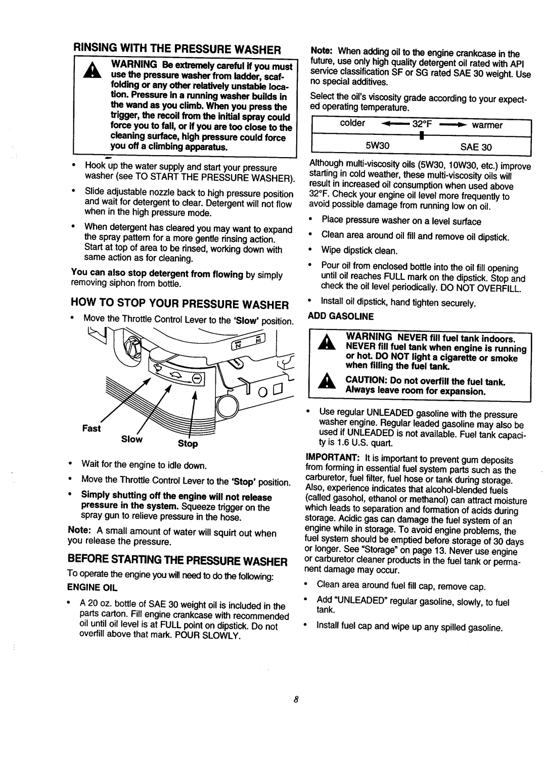 Craftsman 580.7618 HOW to Stop Your Pressure Washer, Before Starting the Pressure Washer, ADD Gasoline, Engine OIL 