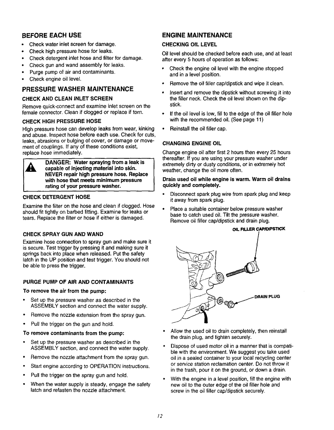 Craftsman 580.76201 owner manual Pressure Washer Maintenance, Engine Maintenance 