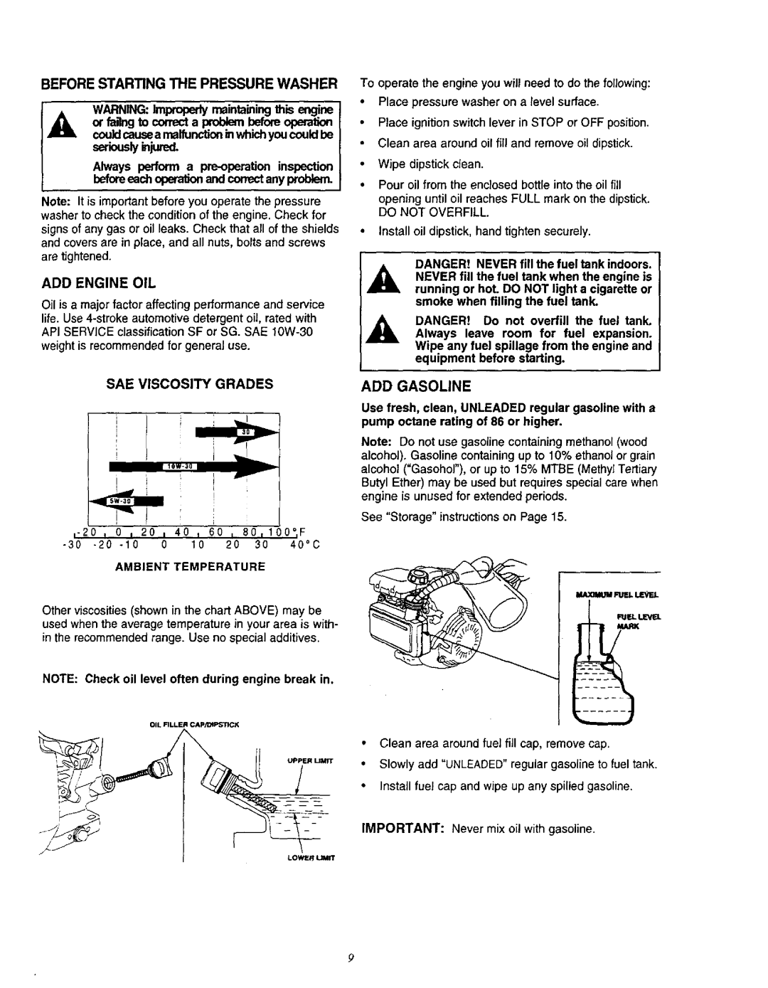 Craftsman 580.76201 Before Starting the Pressure Washer, ADD Engine OIL, Could causea malfunctionin which you could be 