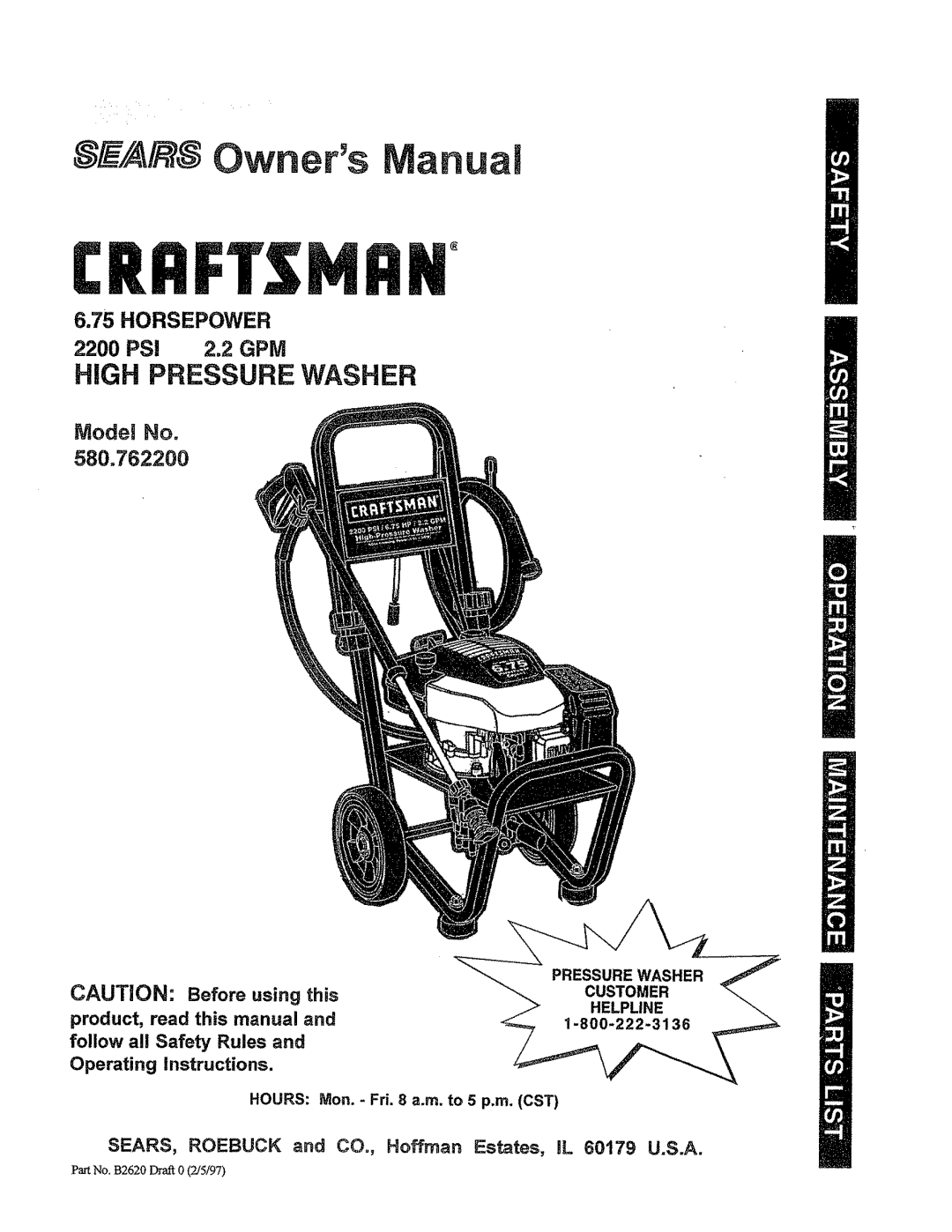 Craftsman 580.7622 manual Horsepower 