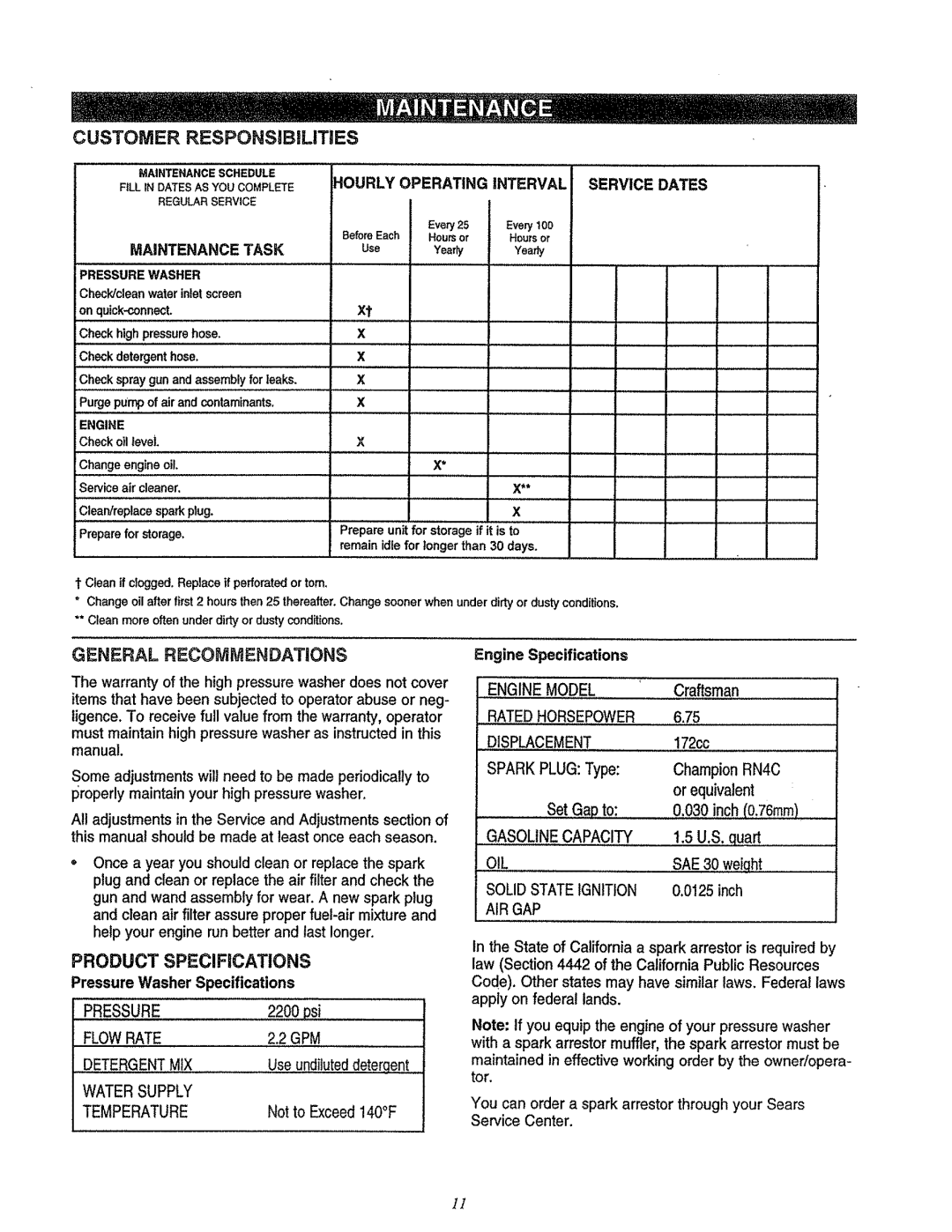 Craftsman 580.7622 manual Product Specifications, Hourly Operating Interval Service Dates, Maintenance Task, Engine Model 