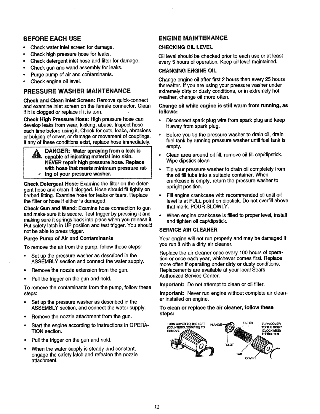 Craftsman 580.7622 manual Before Each USE, Pressure Washer Maintenance, Checking OIL Level, Changing Engine OIL 