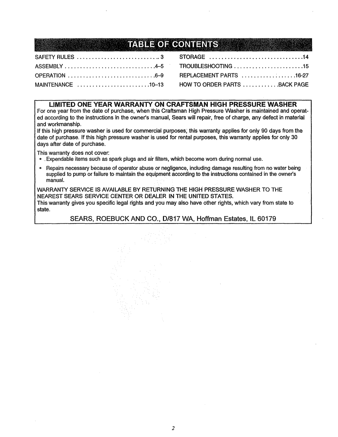 Craftsman 580.7622 manual Limited ONE Year Warranty on Craftsman High Pressure Washer 