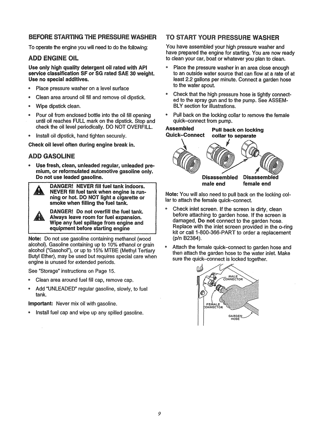 Craftsman 580.7622 manual ADD Engine OIL, Before Starting the Pressure Washer, ADD Gasoline, To Start Your Pressure Washer 