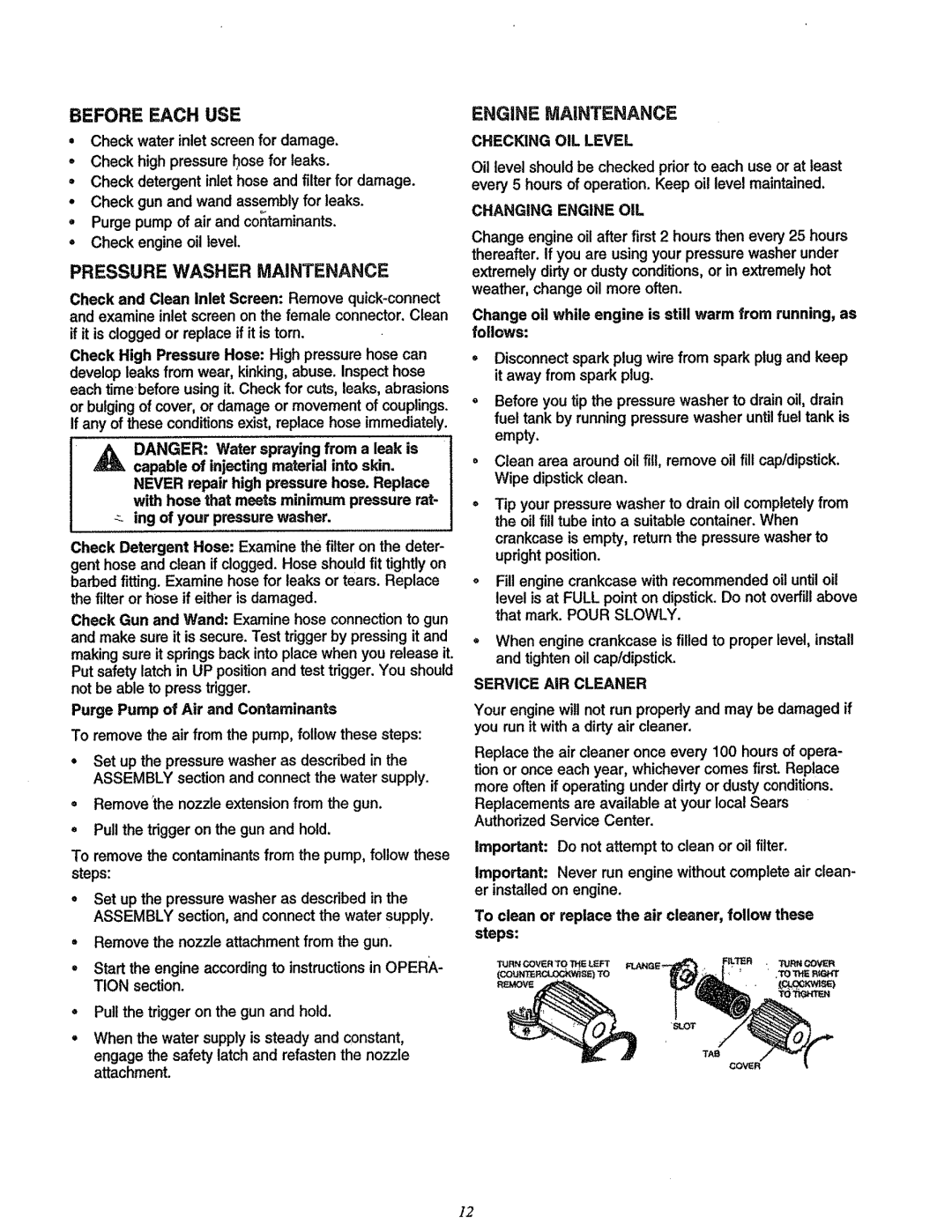 Craftsman 580.7622 manual Before Each Use, Pressure Washer Maintenance, Engine Maintenance 