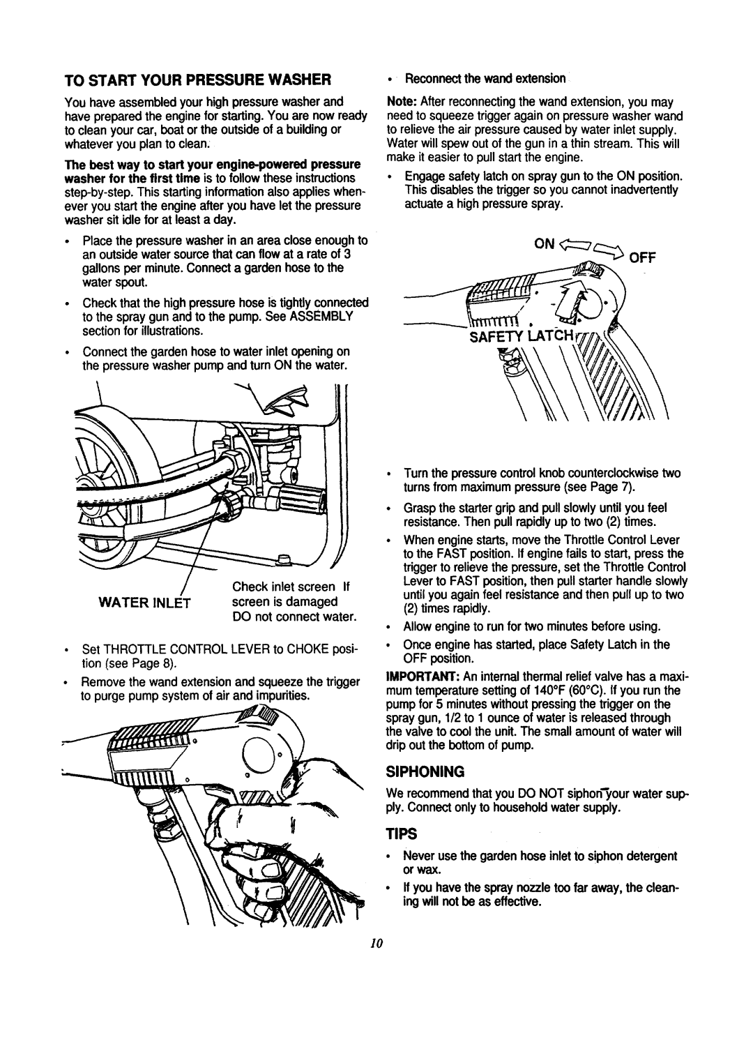 Craftsman 580.76225 owner manual Tips, To Start Your Pressure Washer, Siphoning 