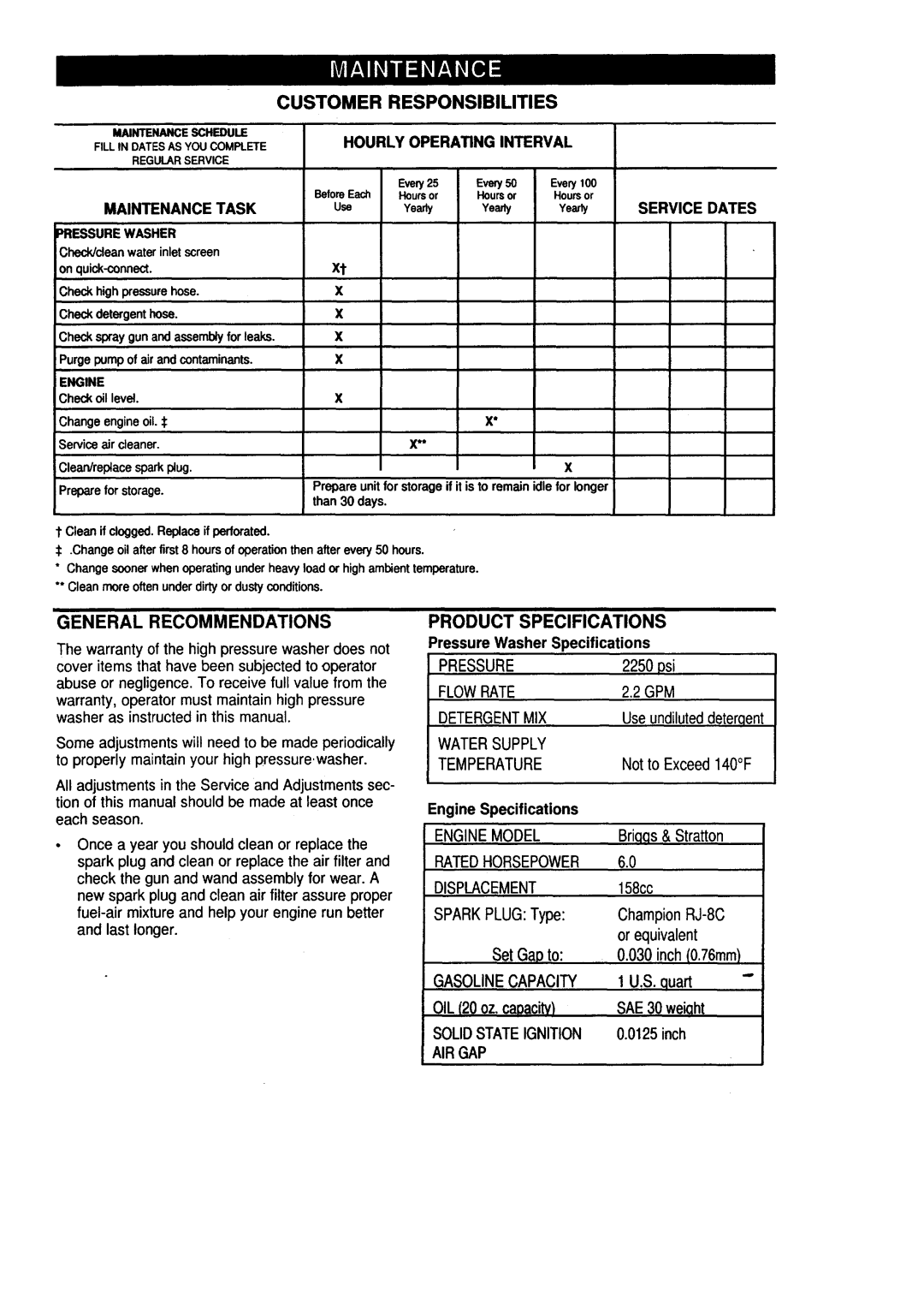 Craftsman 580.76225 owner manual Customer Responsibilities, General Recommendations, Product Specifications 