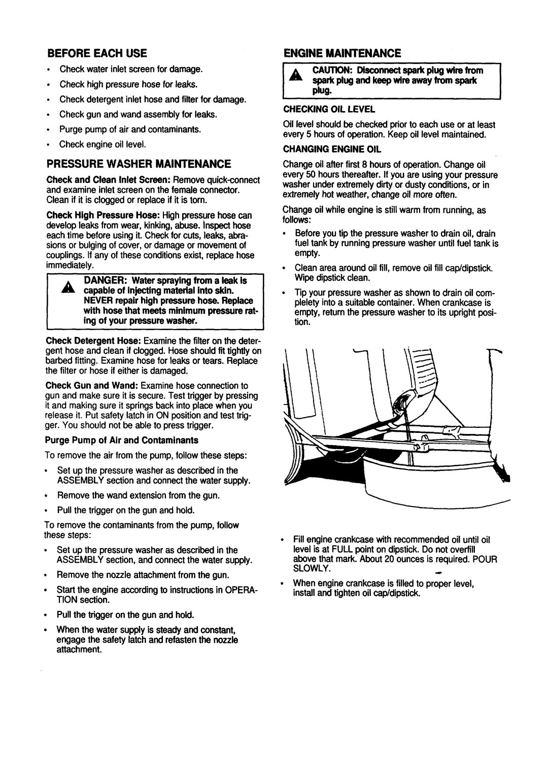 Craftsman 580.76225 owner manual Engine Maintenance, Before Each USE, Pressure Washer Maintenance, Checking OIL Level 