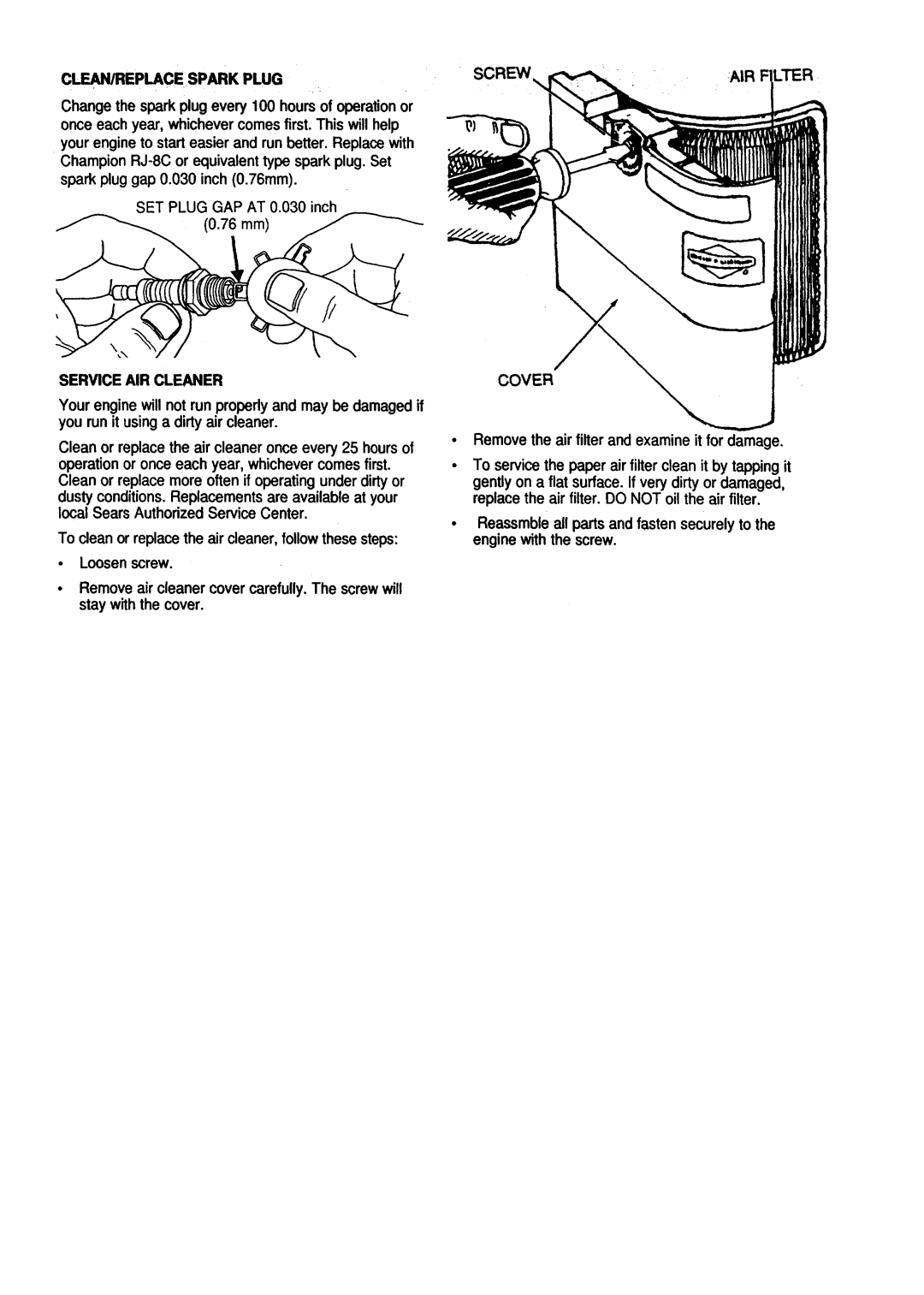 Craftsman 580.76225 owner manual Service AIR Cleaner, Air 