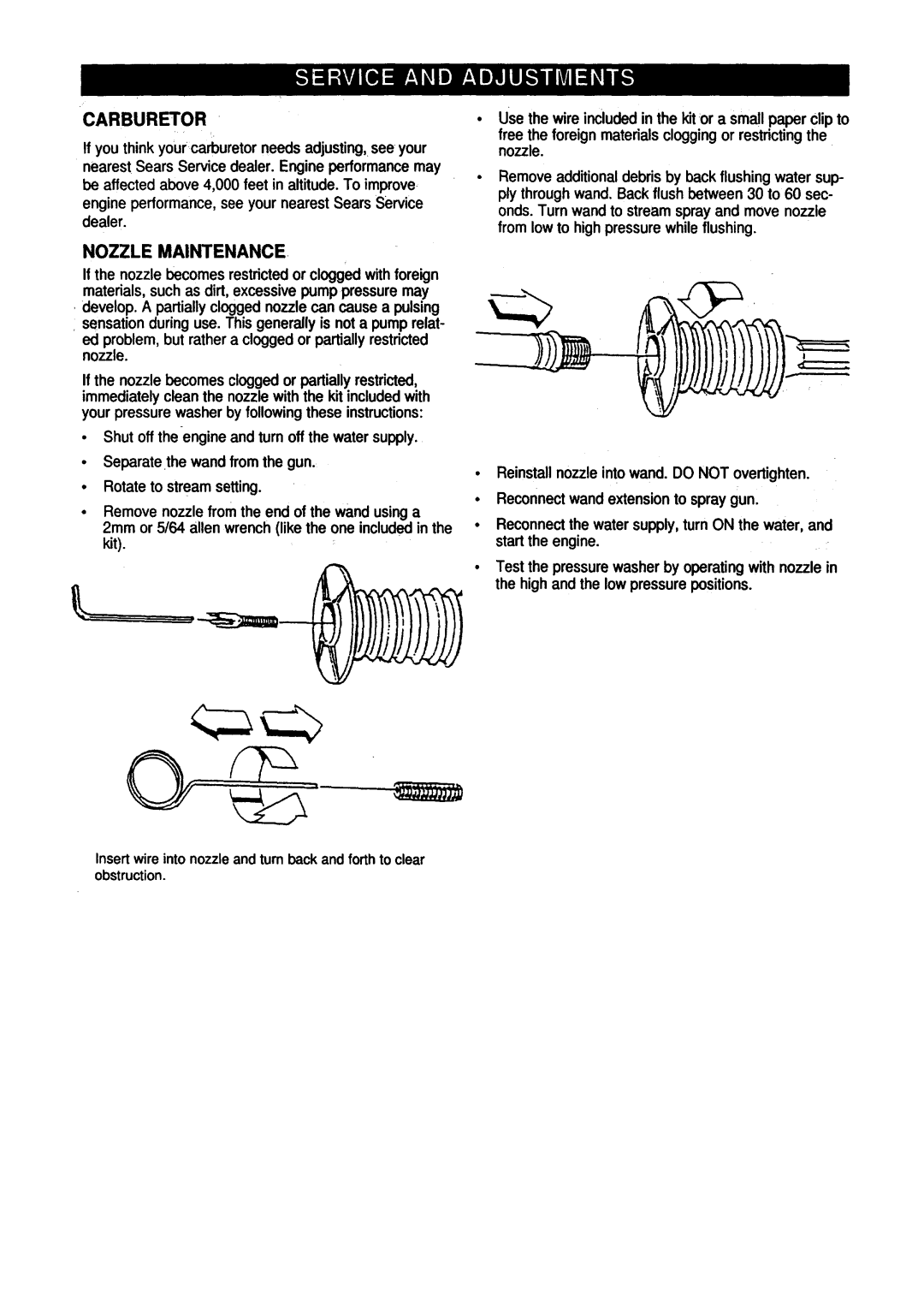 Craftsman 580.76225 owner manual Carburetor, Nozzle Maintenance 