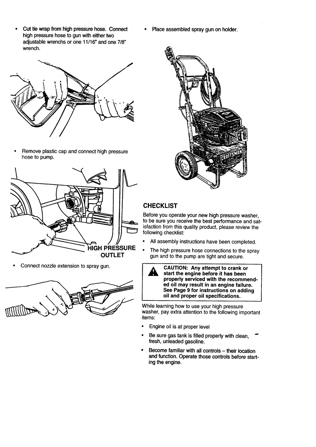 Craftsman 580.76225 owner manual Checklist, High Pressure Outlet 