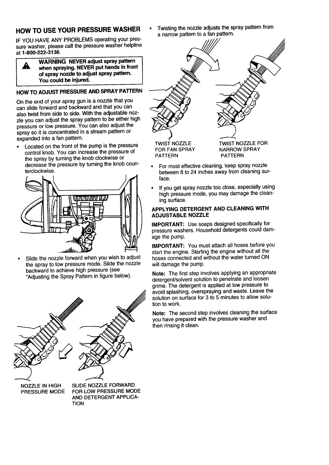 Craftsman 580.76225 owner manual Applying Detergent and Cleaning with Adjustable Nozzle 