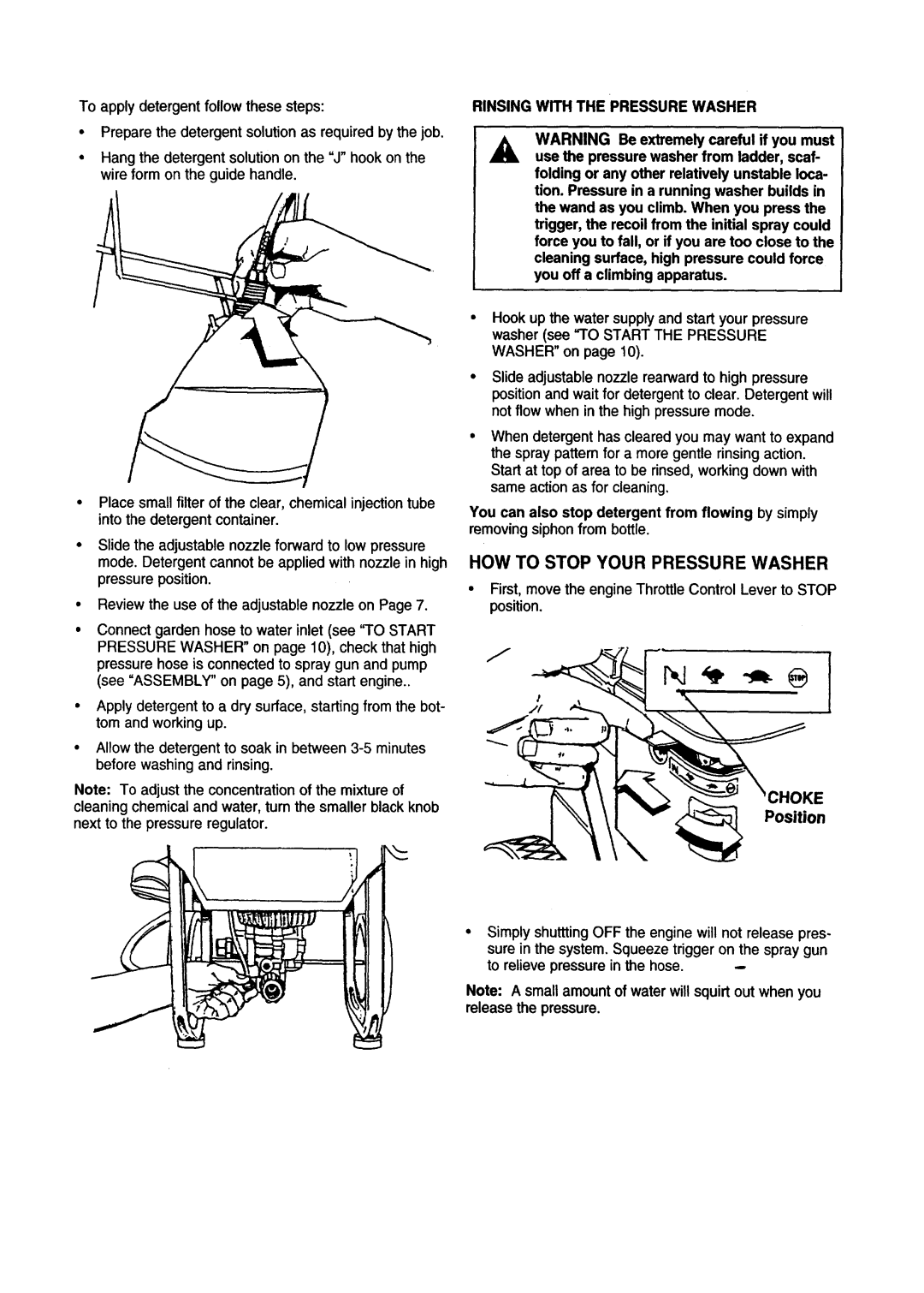 Craftsman 580.76225 owner manual HOW to Stop Your Pressure Washer, Rinsing with the Pressure Washer, Choke 