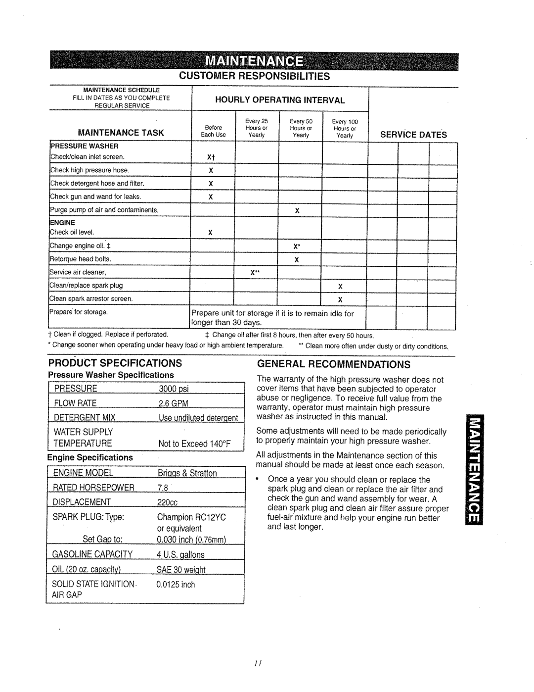 Craftsman 580.763 Customer Responsibilities, Maintenance Task, Hourly Operating Interval, Product Specifications 