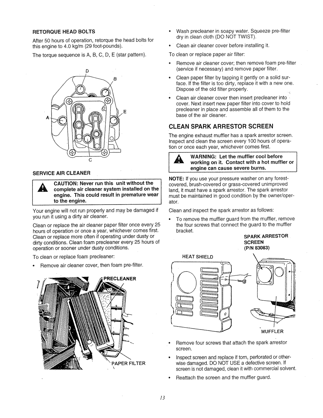 Craftsman 580.763 owner manual Clean Spark Arrestor Screen, Muffler 