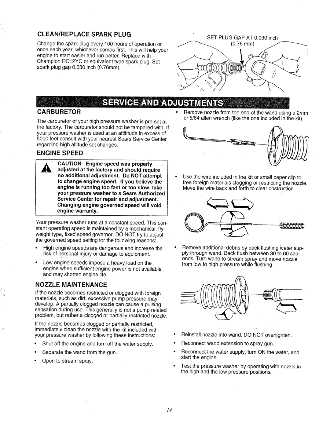 Craftsman 580.763 owner manual CLEAN/REPLACE Spark Plug, Carburetor, Nozzle Maintenance, Engine Speed 