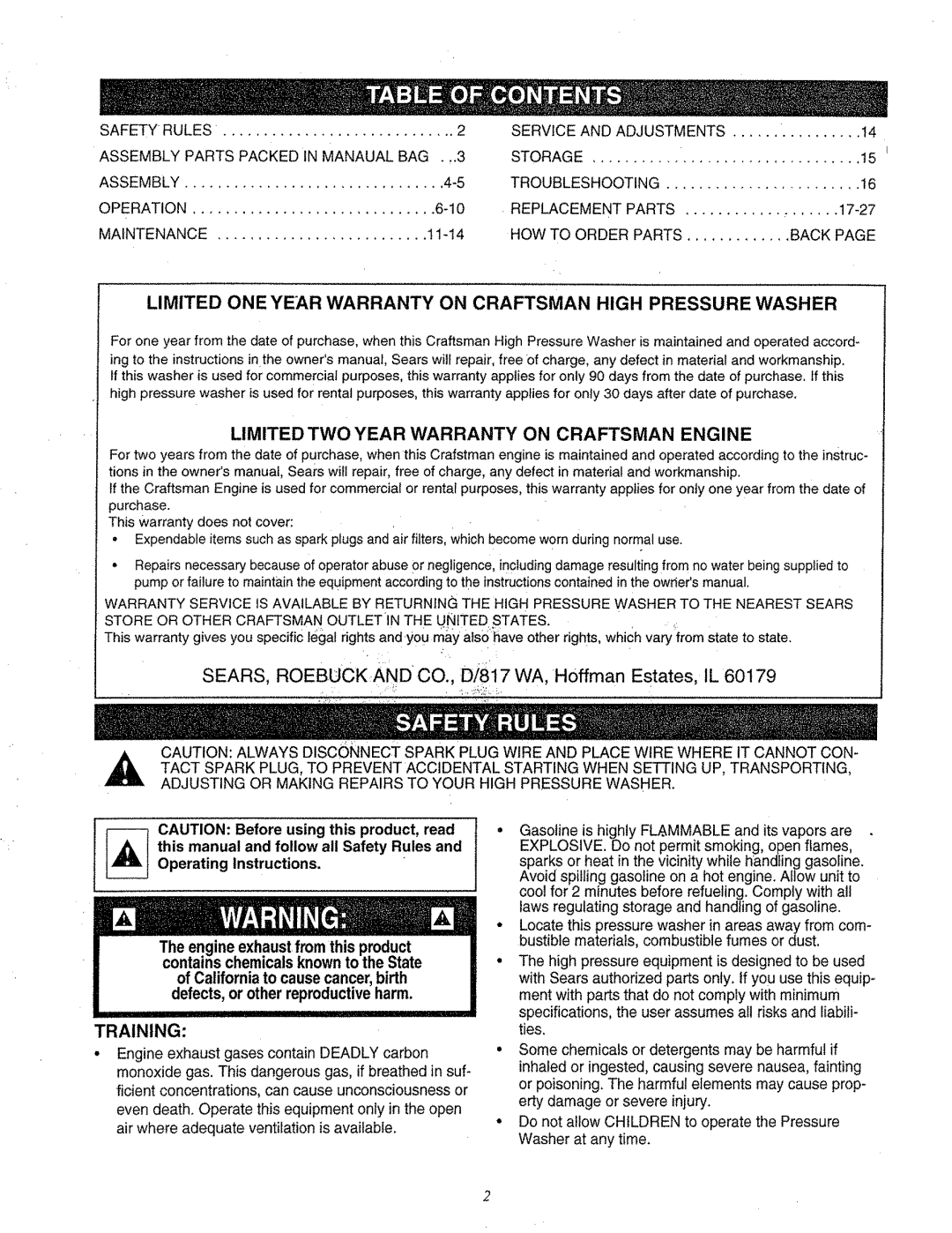 Craftsman 580.763 owner manual Limited ONE Year Warranty on Craftsman High Pressure Washer, Training, Maintenance 