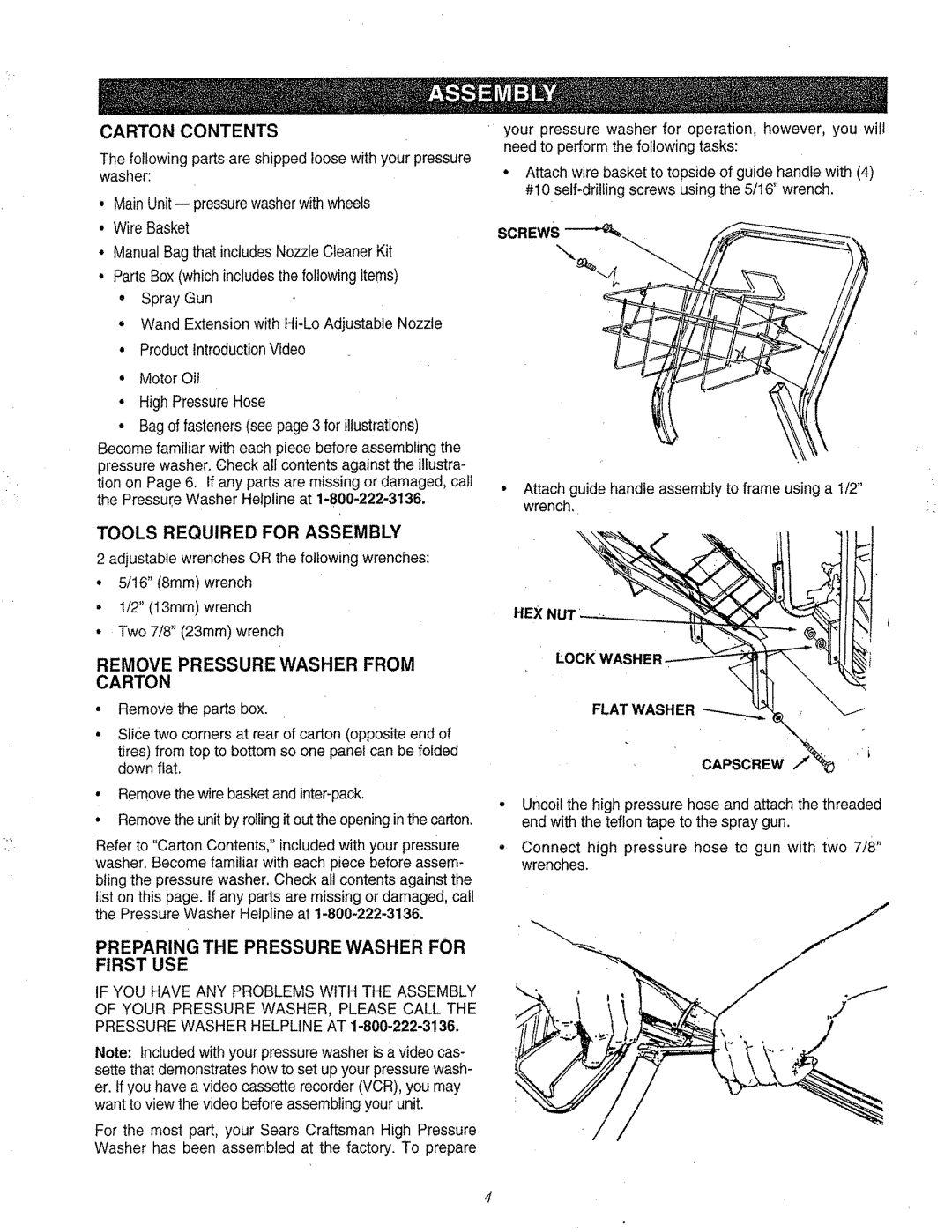 Craftsman 580.763 owner manual Carton Contents, Tools Required for Assembly, Remove Pressure Washer from Carton 