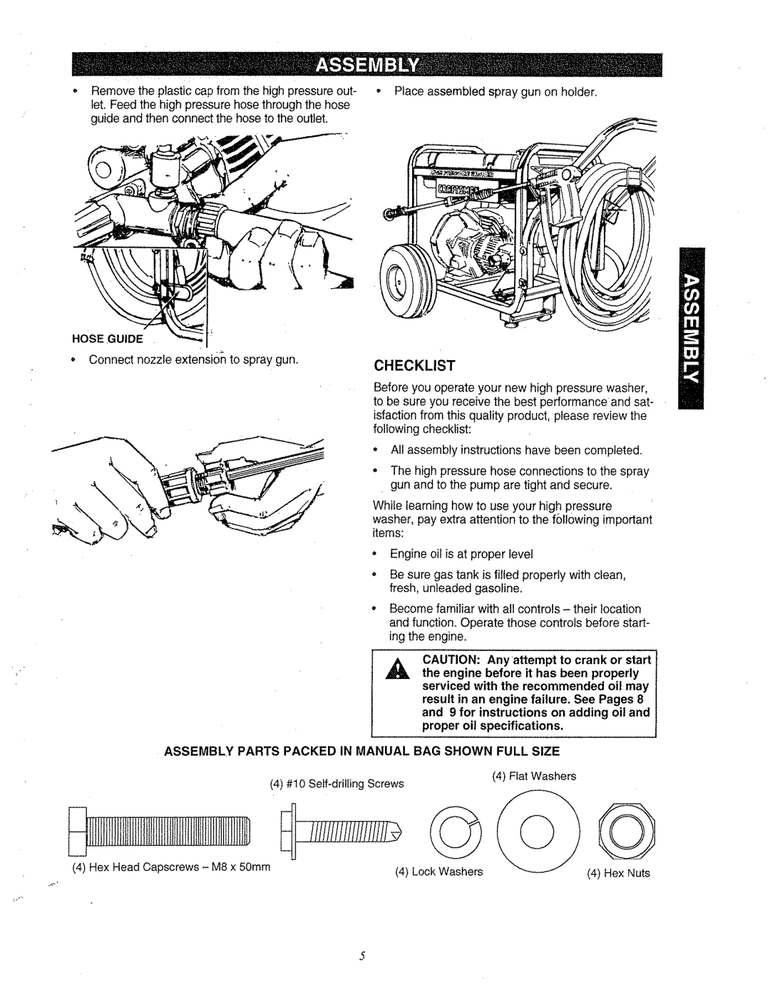 Craftsman 580.763 owner manual Checklist, Hose Guide, Assembly Parts Packed in Manual BAG Shown Full Size 