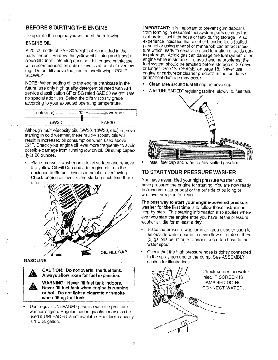 Craftsman 580.763 owner manual Before Starting the Engine, To Startyour Pressure Washer, Engine OIL, Warmer, Gasoline 