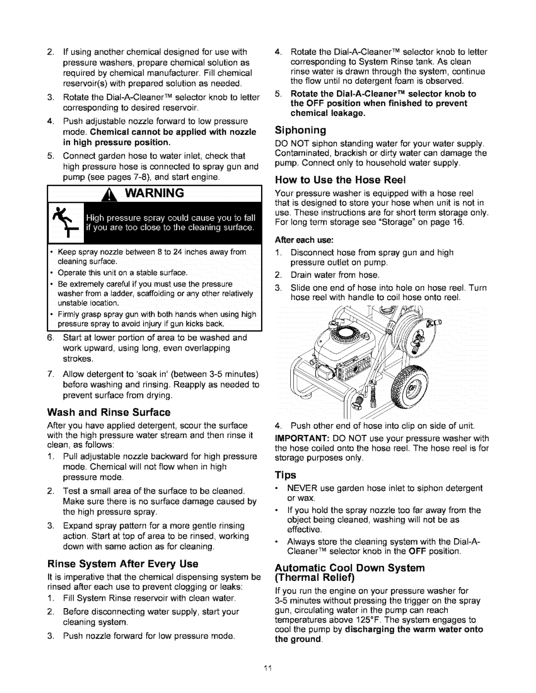 Craftsman 580.767451 owner manual How to Use the Hose Reel, Wash and Rinse Surface, Rinse System After Every Use, Tips 