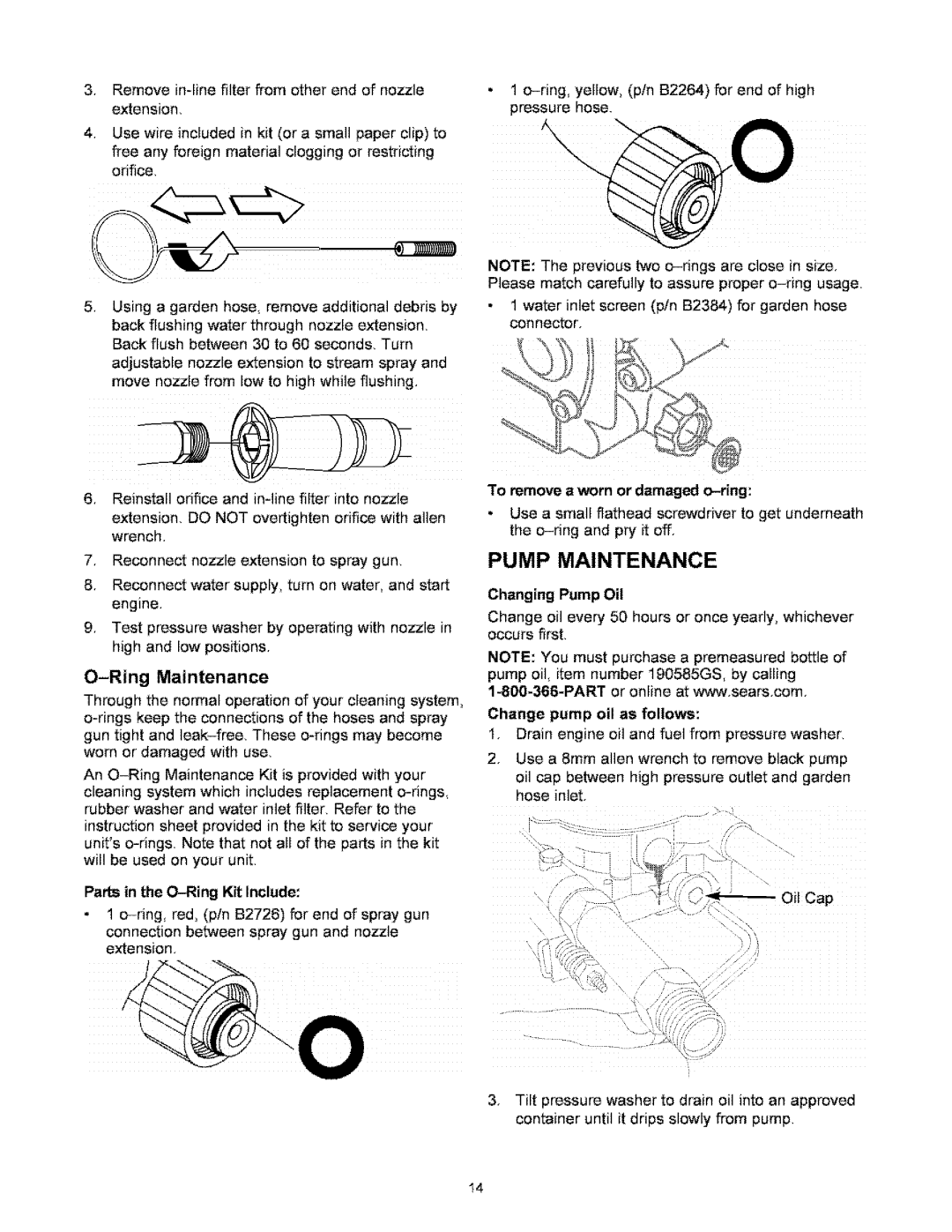 Craftsman 580.767451 owner manual Pump Maintenance, RingMaintenance, To remove a worn or damaged o-ring, Changing Pump Oil 