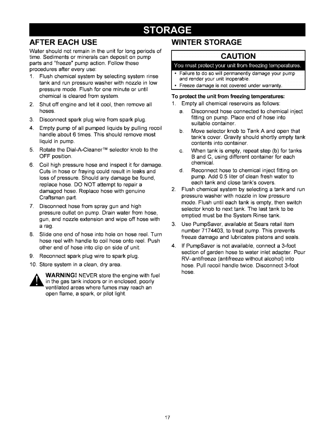 Craftsman 580.767451 owner manual After Each USE, Winter Storage, To protect the unit from freezing temperatures 