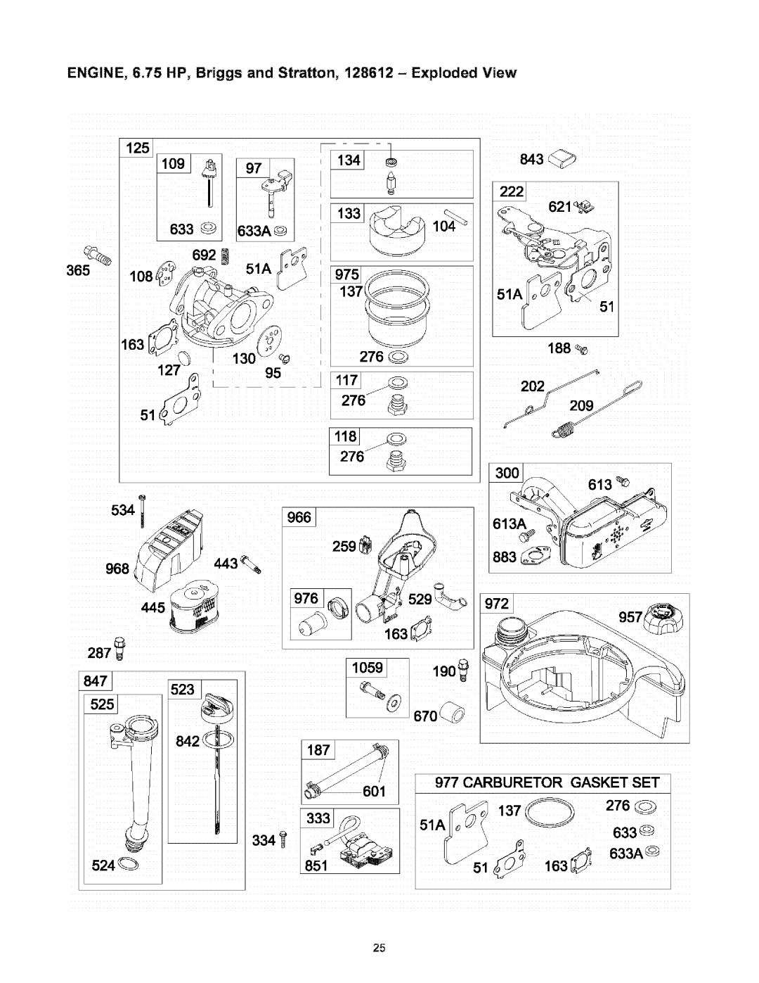 Craftsman 580.767451 ENGINE, 6.75 HP, Briggs and Stratton, 128612 Exploded View, 163 276 12795, 276 6330 633A@ 524 