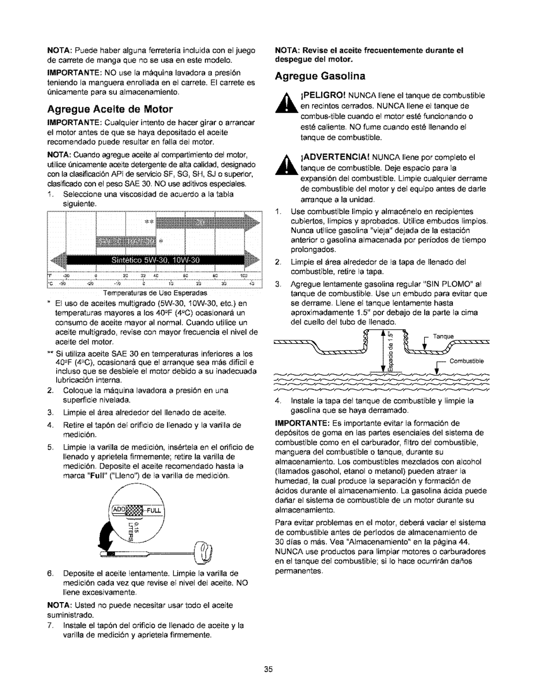 Craftsman 580.767451 owner manual Agregue Aceite de Motor, Agregue Gasolina, Despegue del motor 