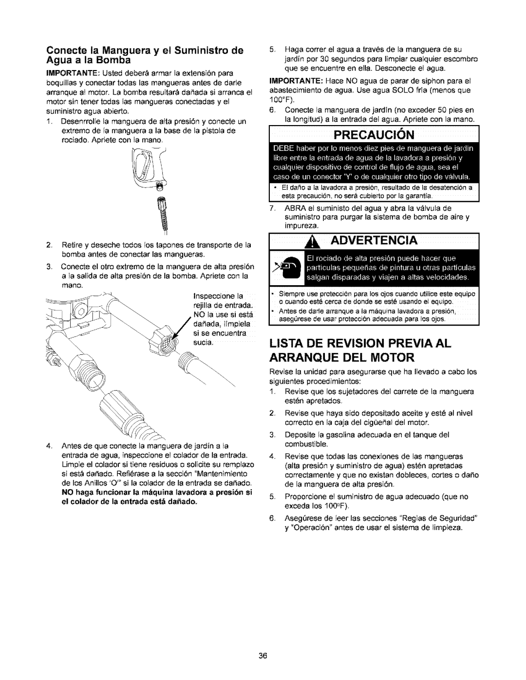 Craftsman 580.767451 owner manual Advertengia, Lista DE Revision Previa AL Arranque DEL Motor, Iimpiela 